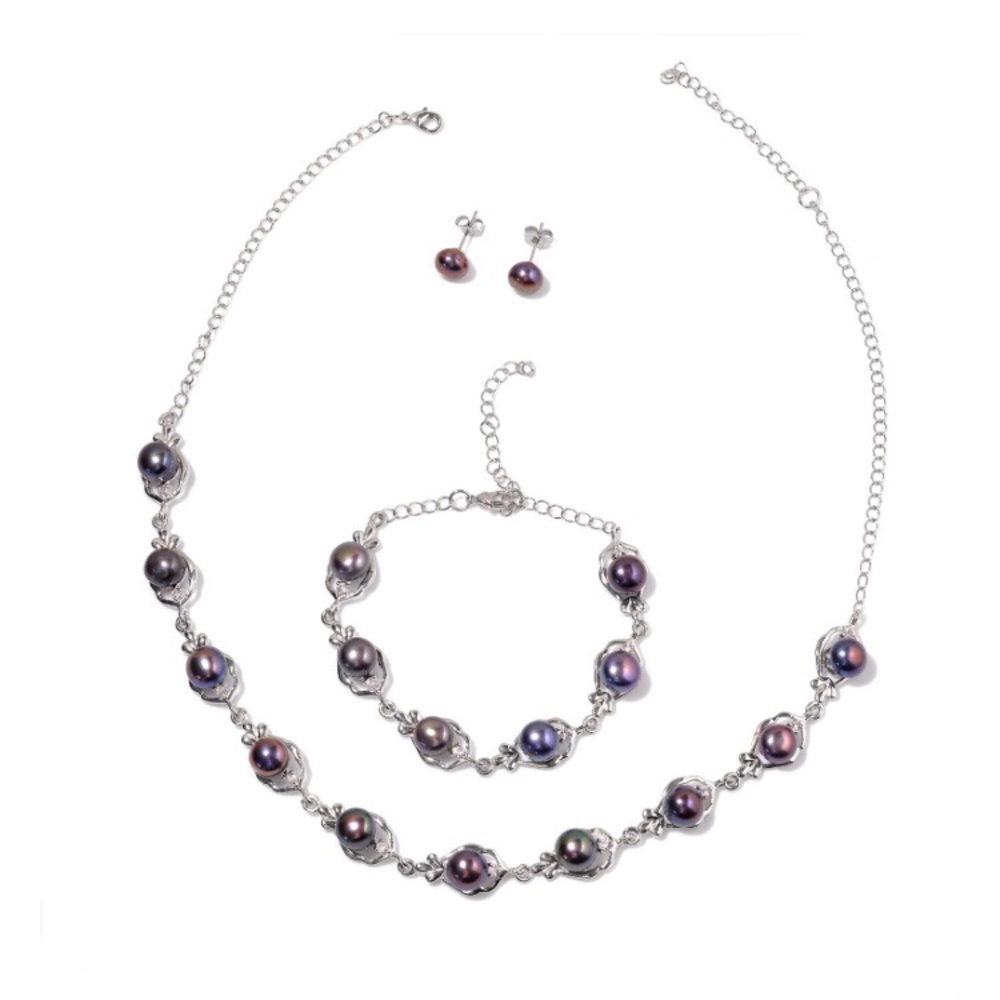 Peacock Pearl Necklace, Bracelet, Earrings Set